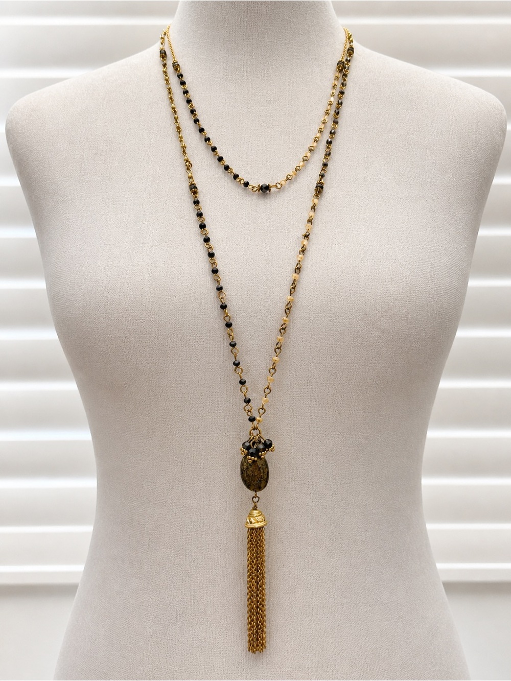 Gold-Tone Black Bead Tassel Double Strand Pendant Necklace - Women